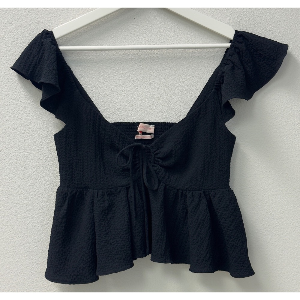 Urban Outfitters Peplum Top Womens S Black Flutter Sleeve Tie Front - Picture 2 of 10